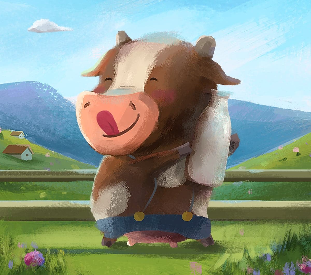 Coral the Cow smiling by the farmhouse fence