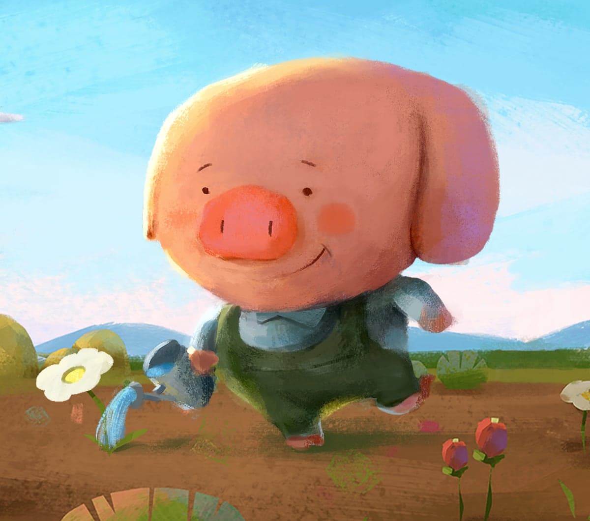 Pippin the Pig watering a flower