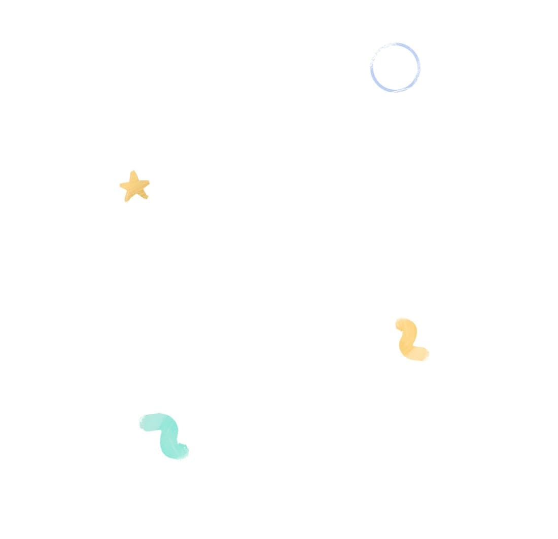 A blank opening page scattered with a few small painted marks — a star, a curl of yellow and a curl of mint.