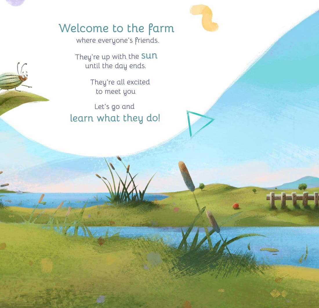 Opening verse: Welcome to the farm where everyone's friends. A striped beetle sits on a leaf beside a pond and meadow.