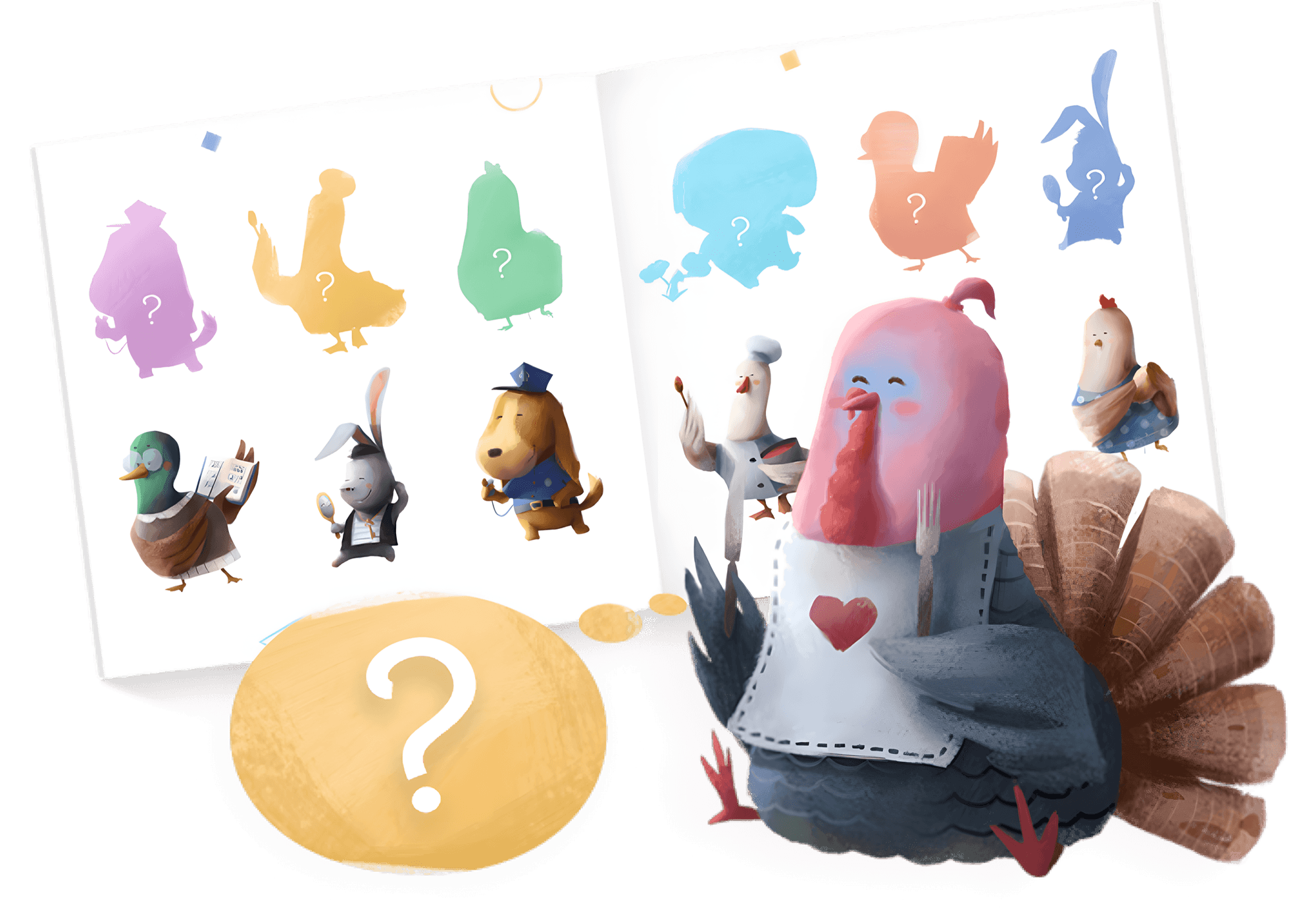 An open book quiz spread with farm animal silhouettes and a turkey character